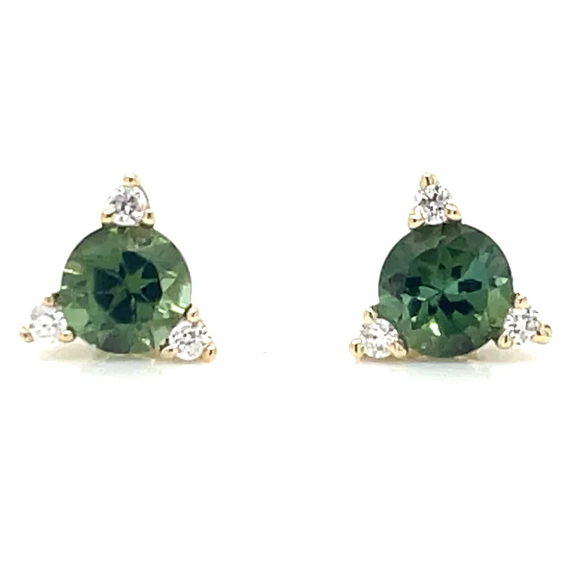 Gothic Stud Earrings with Dark Tone -9ct Yellow Gold Earth Grown 0.52ct Green Tourmaline And 0.042ct Diamond Stud Earrings