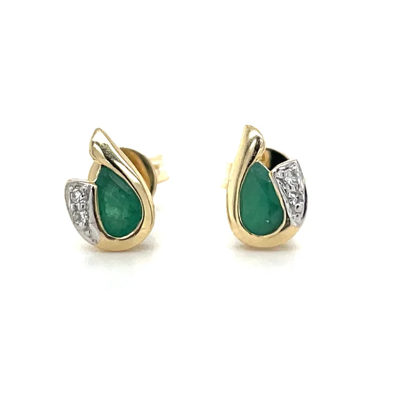 Screw Back Stud Earrings for Security -9ct Yellow Gold Emerald & Diamond Stud Earrings