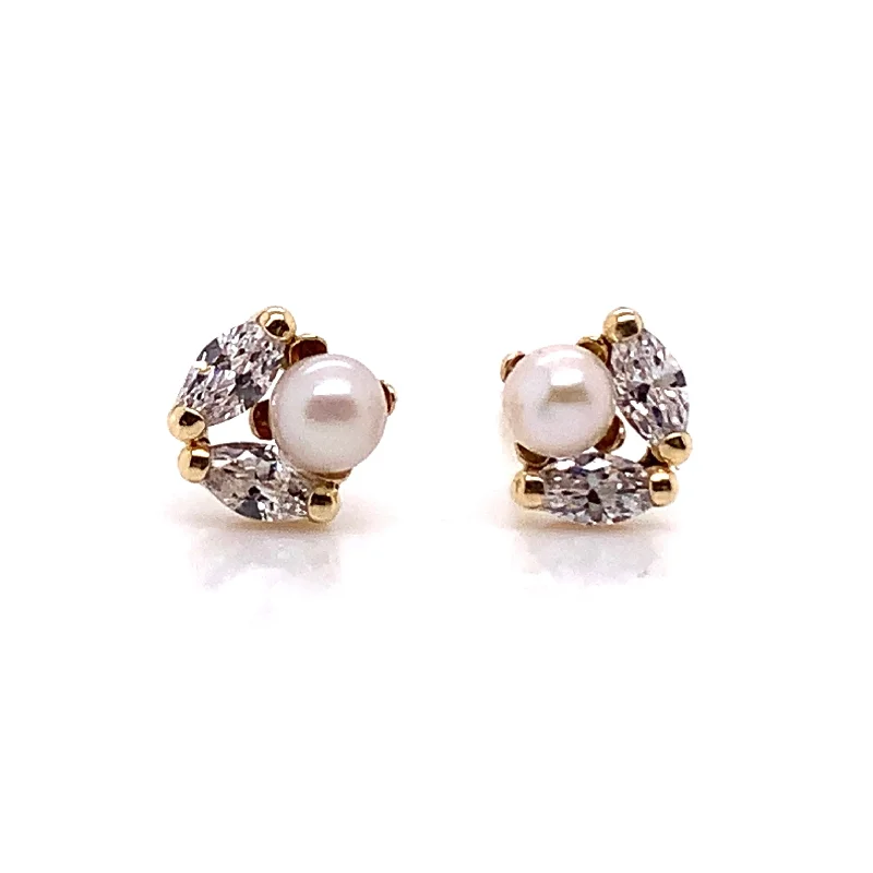 Multi Stud Earrings with Chains -9ct Yellow Gold Freshwater Pearl & CZ Stud Earrings