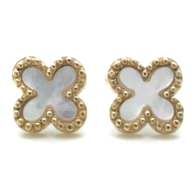 Stud Earrings for Prom Night -9ct Yellow Gold Mother Of Pearl Clover Stud Earrings