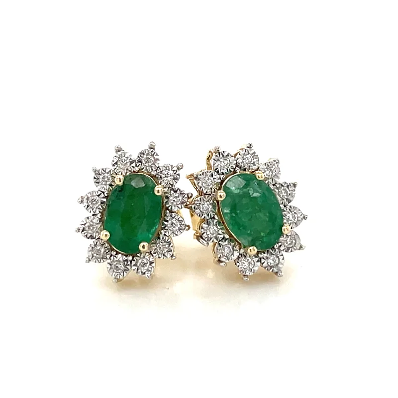 Lead Free Stud Earrings for Health -9ct Yellow Gold Earth Grown Oval Emerald & Diamond Cluster Halo Stud Earrings