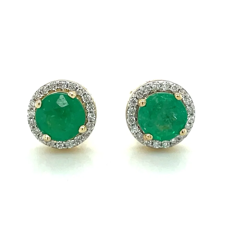 Adjustable Stud Earrings for Custom Fit -9ct Yellow Gold Earth Grown Round Emerald & Diamond Halo Stud Earrings