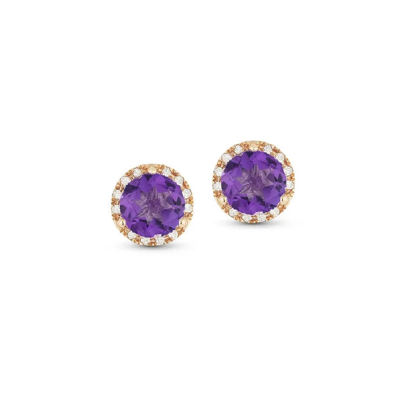 Stud Earrings with Crown Designs -Amethyst & Diamond Round Stud Earrings