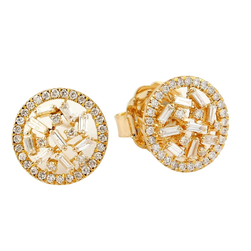 Stud Earrings with Embossed Patterns -Baguette Diamond Cluster Stud Earrings In 18k Yellow Gold For Her