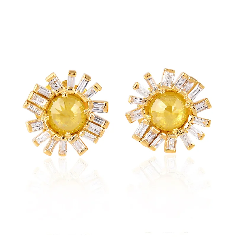 Stud Earrings with Vine Designs -Baguette Diamond Sun Burst Design Stud Earrings In 18k Yellow Gold