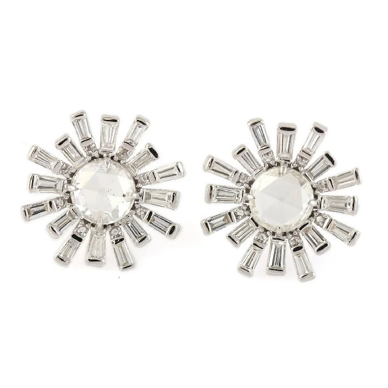 Lightweight Stud Earrings for All Day -Natural Baguette Diamond Sunburst Stud Earrings In 18k White Gold For Her