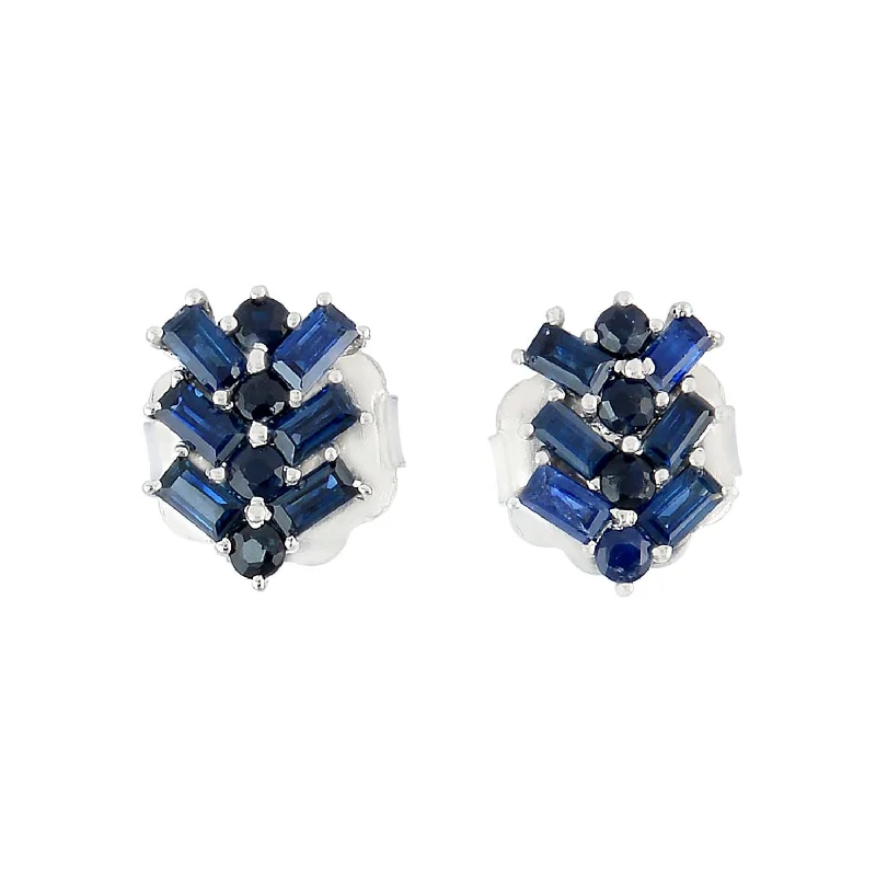 Silver Stud Earrings for Men -Baguette Sapphire 18k White Gold Ladder Design Stud Earrings