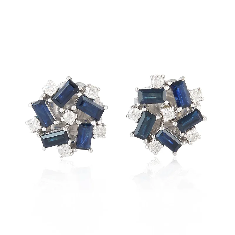 Gemstone Stud Earrings for Color -Baguette Sapphire Pave Diamond Floral Design Stud Earrings