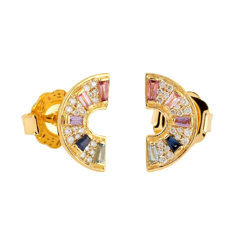 Stud Earrings for Evening Gown -Baguette Sapphire Topaz Rhodolite & Diamond Half Moon Stud Earrings In 18k Yellow Gold.