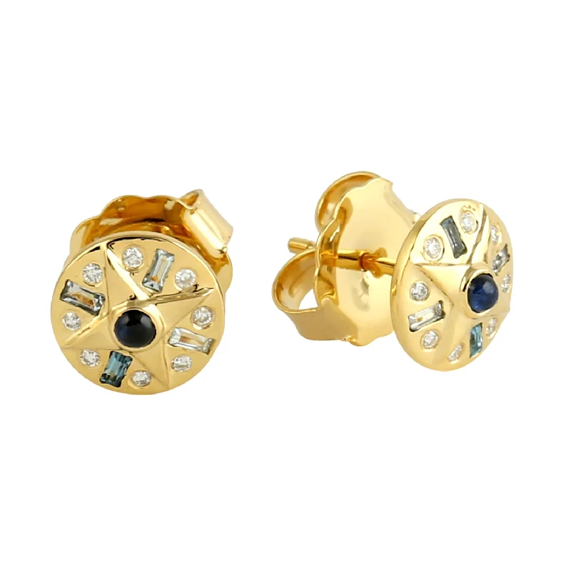 Waterproof Stud Earrings for Outdoor -Bezel Set Baguette Topaz Blue Sapphire Diamond Stud Earrings in 18k Yellow Gold For Her