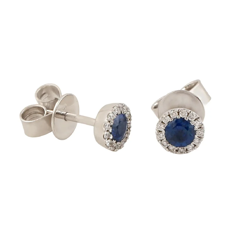 Nickel Free Stud Earrings for Safety -Beautiful Blue Sapphire Pave Diamond Halo Stud Earrings In 18k White Gold