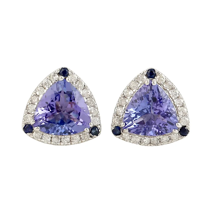 Double Stud Earrings for Impact -Beautiful Gemstone Tanzanite Pave Diamond Sapphire Trillion Mini Stud Earrings In 18k White Gold Gift