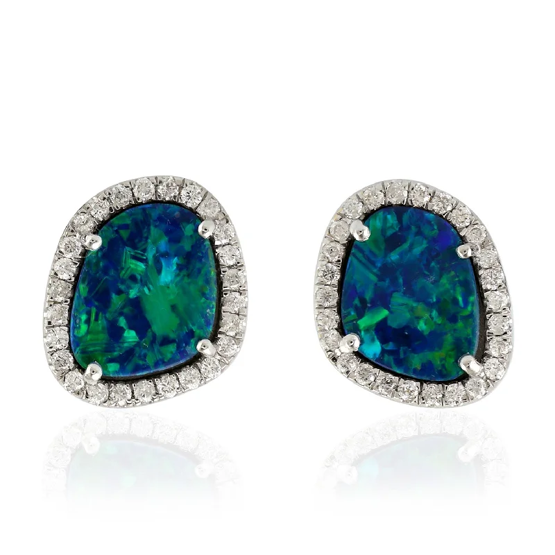 Indian Stud Earrings with Intricacy -Beautiful Opal Doublet Diamond Gemstone Stud Earrings In 18k Gold Jewelry