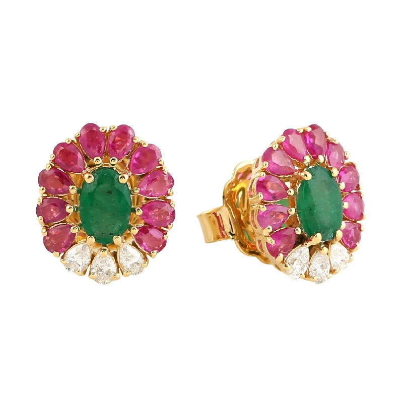 Stud Earrings with Debossed Designs -Beautiful Ruby Emerald & Diamond Designer Bridal Stud Earrings In 18k Yellow Gold