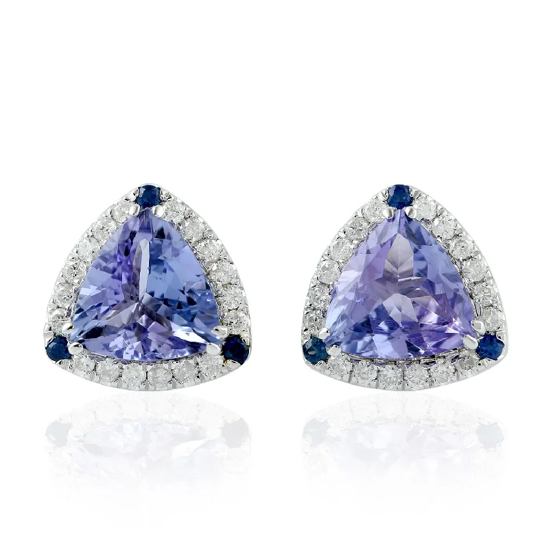 Animal Print Stud Earrings for Fun -Blue Sapphire Trillion Tanzanite Diamond 18k White Gold Halo Stud Earrings For Her