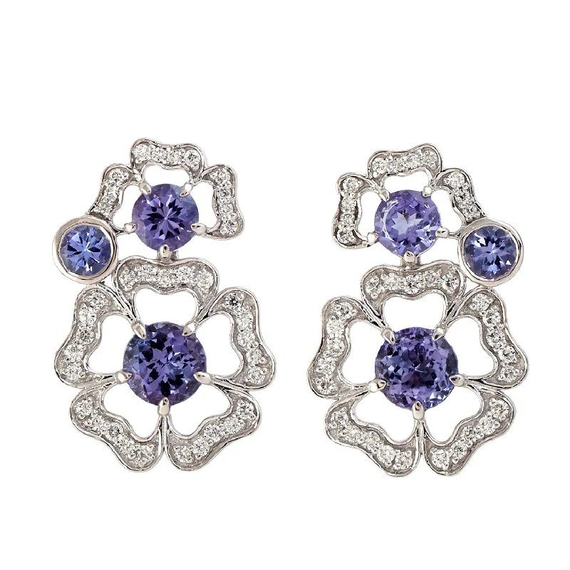 Triple Stud Earrings for Layered -Blue Tanzanite December Birthstone Diamond Flower Stud Earrings In 18k White Gold