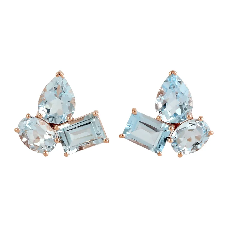 Stud Earrings with Gemstones and Beads -Blue Topaz Three Stone Stud Earrings In 18k Rose Gold