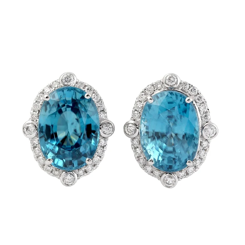 Lead Free Stud Earrings for Health -Oval Blue Zirconia & Pave Diamond Stud Earrings In 18k White Gold For Her