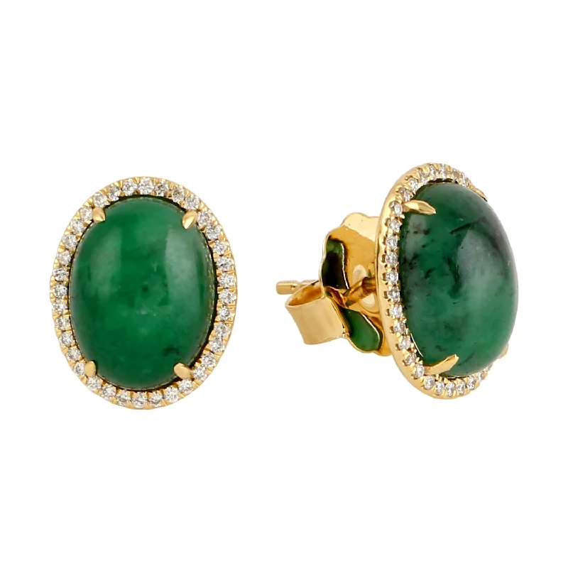 Stud Earrings with Etching -Cabochon Emerald Pave Diamond May Birthstone Stud Earrings in 18k Yellow Gold For Her