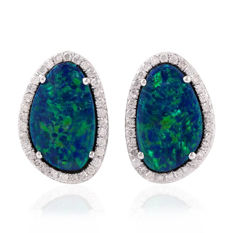 Stud Earrings with Pearls and Diamonds -Cabouchon Opal Doublet Micro Pave Diamond Stud Earrings Made In 18K White Gold