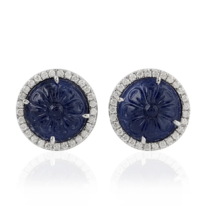 Gothic Stud Earrings with Dark Tone -Carved Blue Sapphire Pave Diamond Stud Earrings 18k White Gold Ear Jewelry For Women