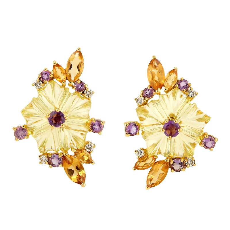 Detachable Stud Earrings with Charms -Carved Mix Stone Amethyst Floral Gemstone Stud Earrings In 18k Yellow Gold