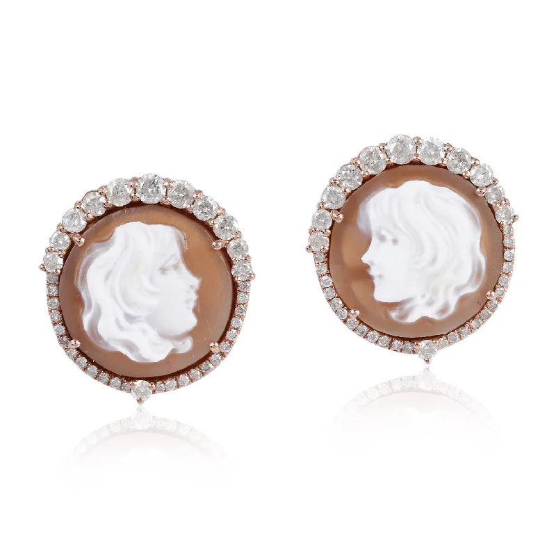 Push Back Stud Earrings for Convenience -Carving Shall Cameo Women Face Stud Earrings In 18K Rose Gold For Her