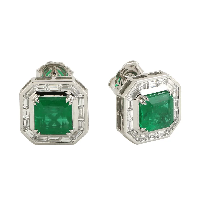 Small Stud Earrings for Delicate -Channel Set Diamond Natural Emerald Stud Earrings In 18k White Gold For Women