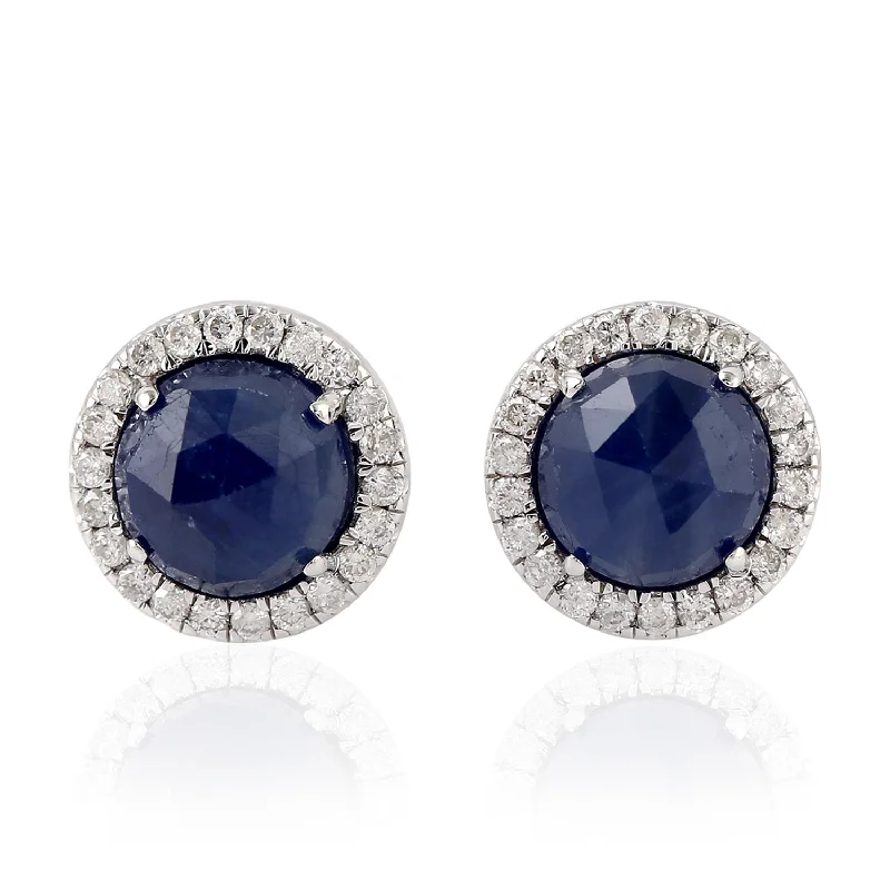 Stud Earrings with Knot Designs -Diamond 2.9Ct Sapphire Round Stud Earrings September Birthstone 18k White Gold Jewelry