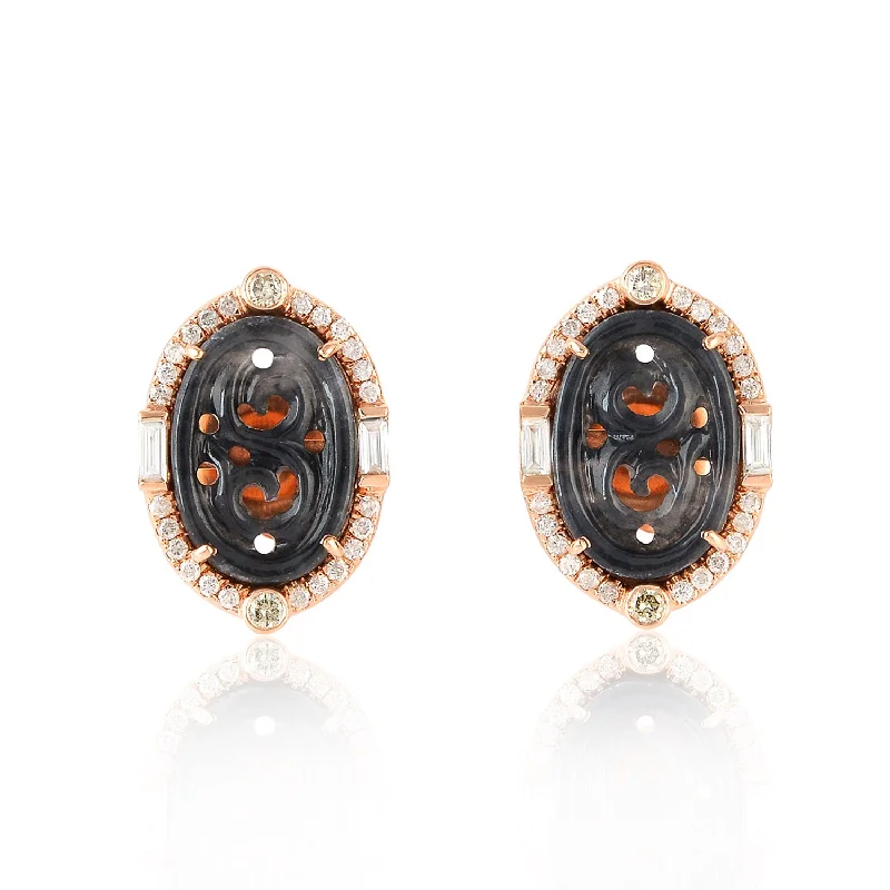 Gold Stud Earrings for Women -Diamond Jade Designer Oval Stud Earrings In 18k Rose Gold