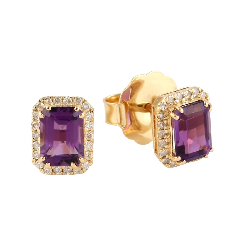 Stud Earrings for Evening Gown -Emerald Cut Amethyst Pave Diamond 18k Solid Yellow Gold Stud Earrings