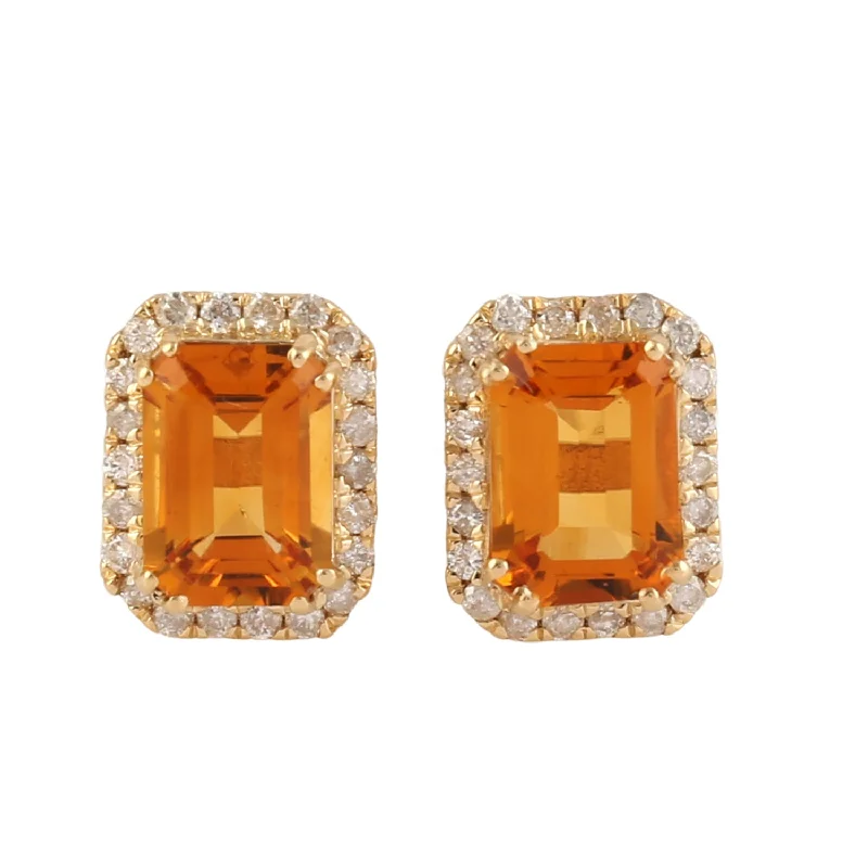 Stud Earrings for Office Wear -Emerald Cut Citrine Pave Diamond 18k Solid Yellow Gold Stud Earrings