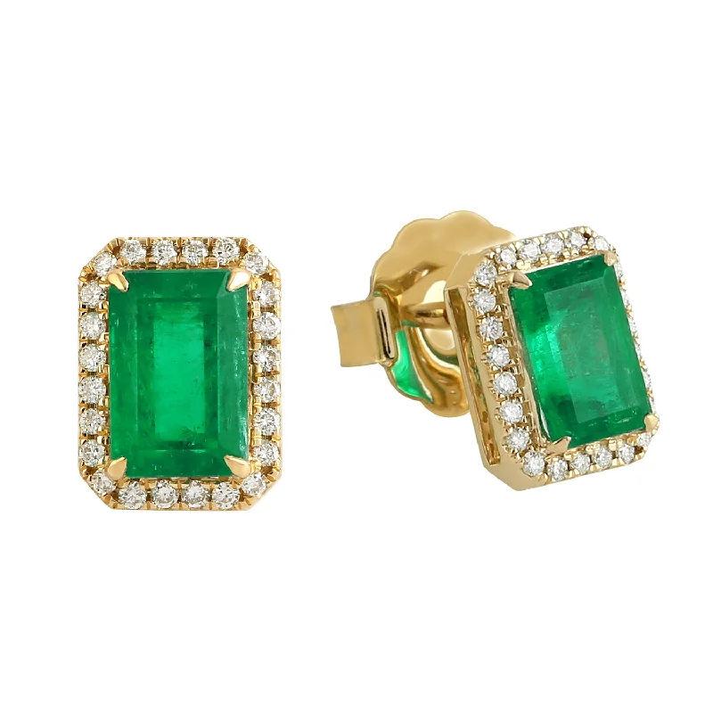 Stud Earrings with Etching -Emerald Cut Emerald Pave Diamond Halo Stud Earrings In 18k Yellow Gold