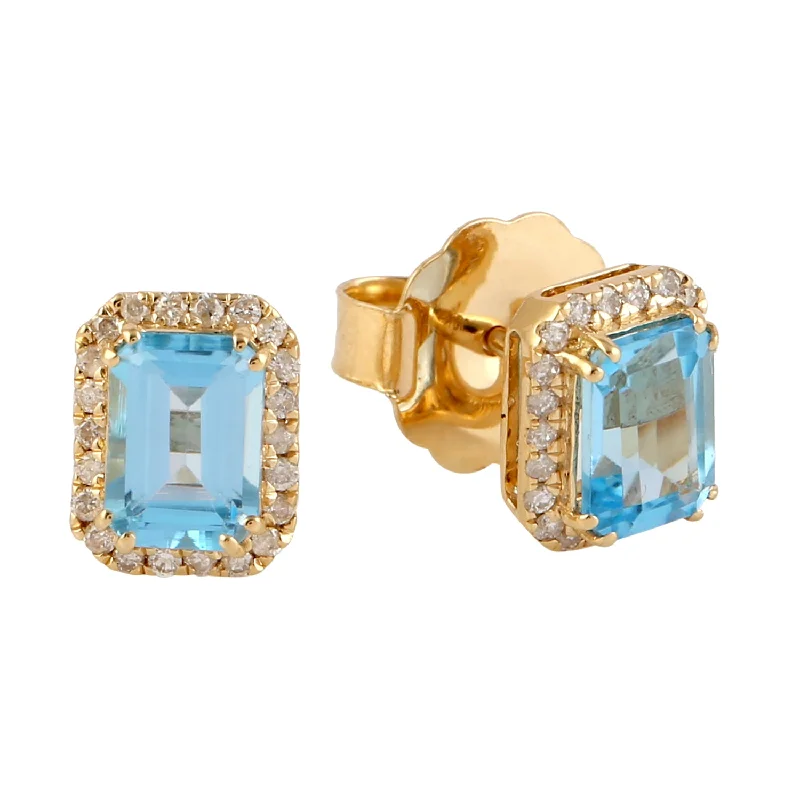 Stud Earrings for Casual Outfit -Emerald Cut Topaz Pave Diamond 18k Solid Yellow Gold Stud Earrings