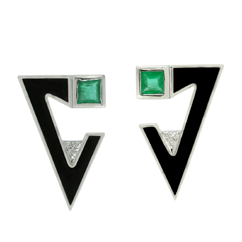 Celtic Stud Earrings with Knotwork -Emerald Diamond Enamel Triangle Design Stud Earrings In 18k White Gold