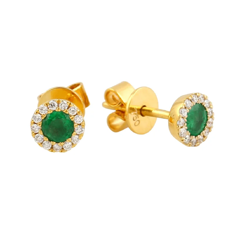 Stud Earrings for Everyday Glamour -Emerald & Pave Diamond Halo Stud Earrings In 18k Yellow Gold