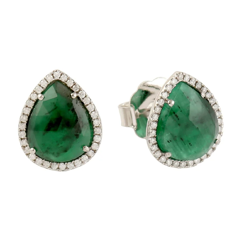 Stud Earrings for Concert Look -Emerald & Pave Diamond Pear Shape Stud Earrings In 18k White Gold