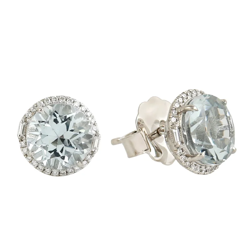 Contemporary Stud Earrings for Fashion -Faceted Aquamarine Diamond Halo Stud Earrings In 18k White Gold