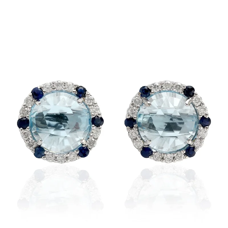 Maximalist Stud Earrings for Bling -Faceted Blue Topaz Sapphire Diamond 18k White Gold Halo Stud Earrings For Her