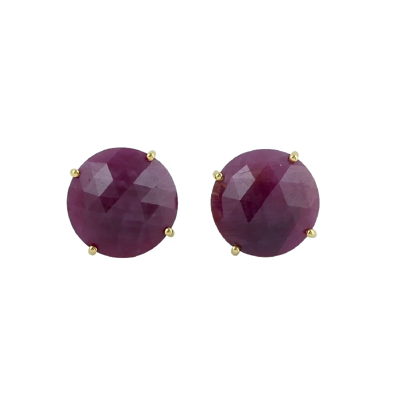 Stud Earrings for Beach Outfit -Faceted Ruby 18k Yellow Gold Stud Earrings Daily Wear Jewelry