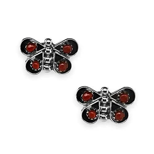 Triangular Stud Earrings for Edge -Genuine Coral Butterfly Stud Earrings, 925 Sterling Silver, Authentic Native American Handmade in New Mexico, Red