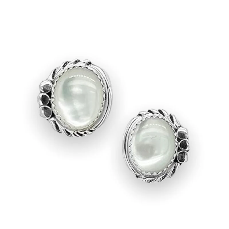 Stud Earrings with Rhinestones -Genuine Mother of Pearl Stud Earrings, 925 Sterling Silver, Native American USA Handmade, Nickle Free