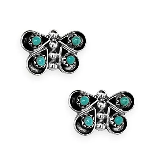 Heart Shaped Stud Earrings for Love -Genuine Sleeping Beauty Turquoise Butterfly Stud Earrings in 925 Sterling Silver, Authentic Native American Handmade, Nickel Free