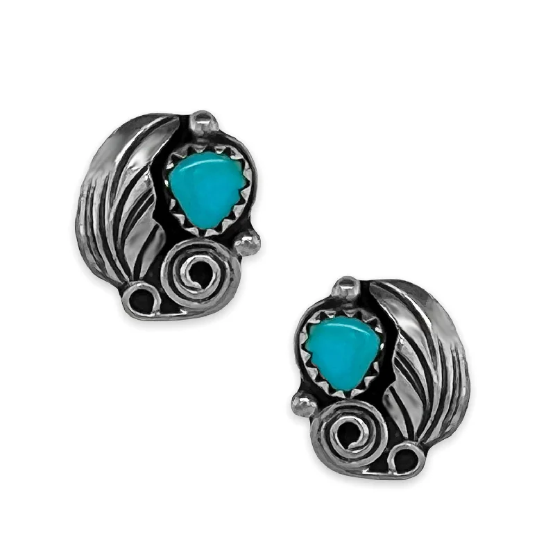 African Stud Earrings with Culture -Genuine Sleeping Beauty Turquoise Stud Earrings, 925 Sterling Silver, Native American USA Handmade, Nickle Free