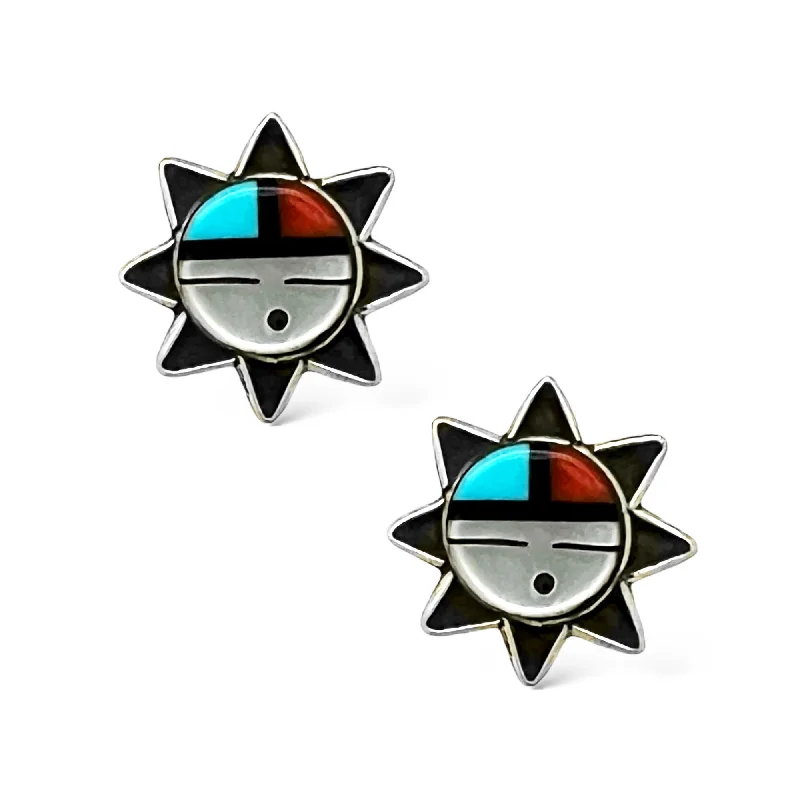 Contemporary Stud Earrings for Fashion -Genuine Stone Zuni Sunface Stud Earrings in 925 Sterling Silver, Turquoise and Coral, Native American USA Handmade, Nickel Free