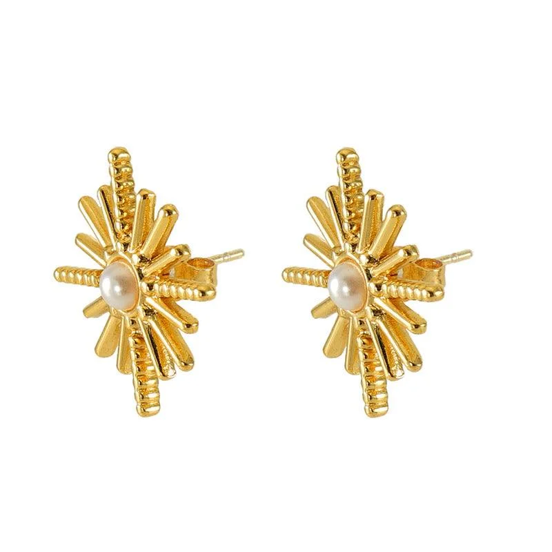 Stud Earrings for Mother's Day -Gold-Plated Sunburst Pearl Stud Earrings – Classic Stainless Steel Earrings