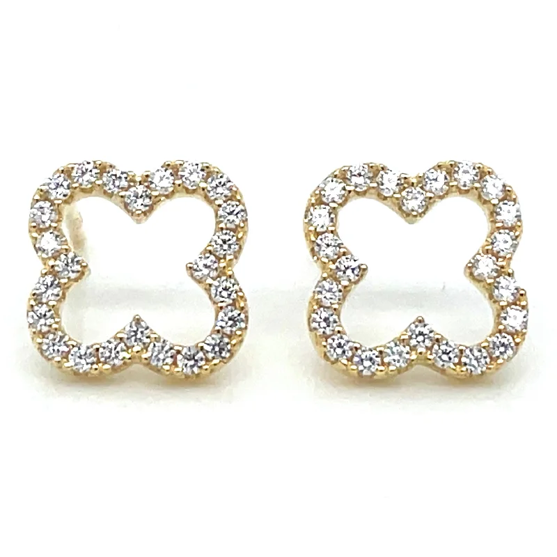 Clip On Stud Earrings for Non Pierced -Golden Cz Clover Stud Earrings