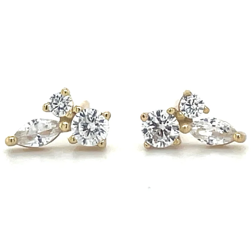 Nickel Free Stud Earrings for Safety -Forma Golden Round And Marquise Cz Stud Earrings