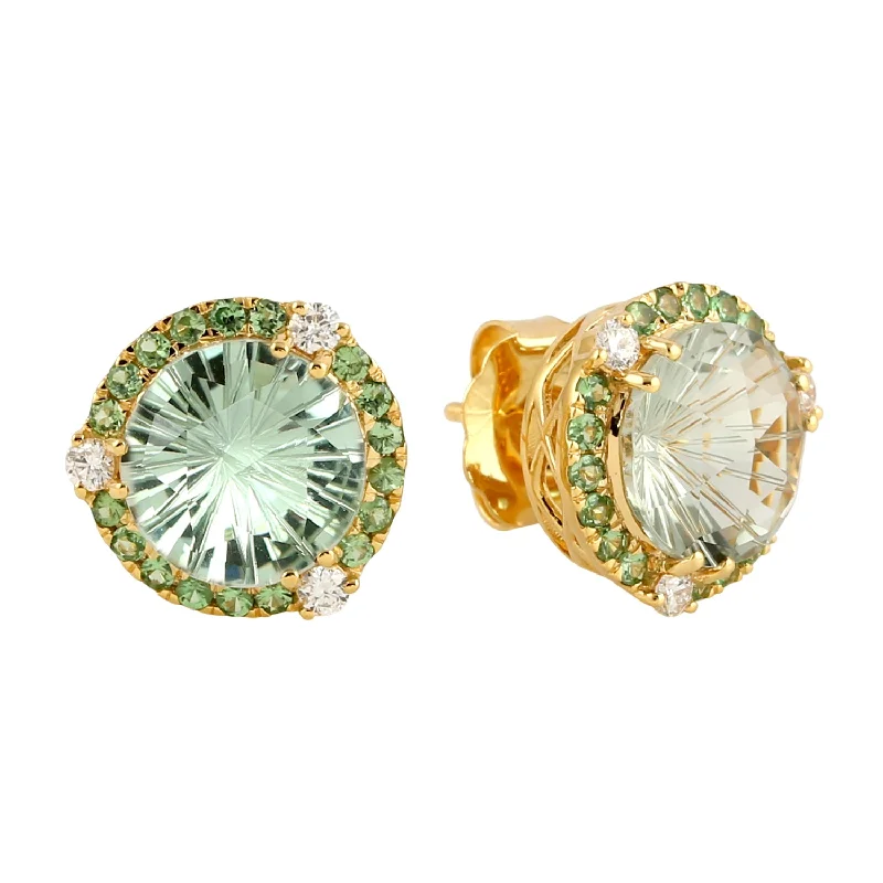 Stud Earrings with Hammered Finish -Green Amethyst Round Tsavorite Pave Diamond Beautiful Stud Earrings In 18k Yellow Gold