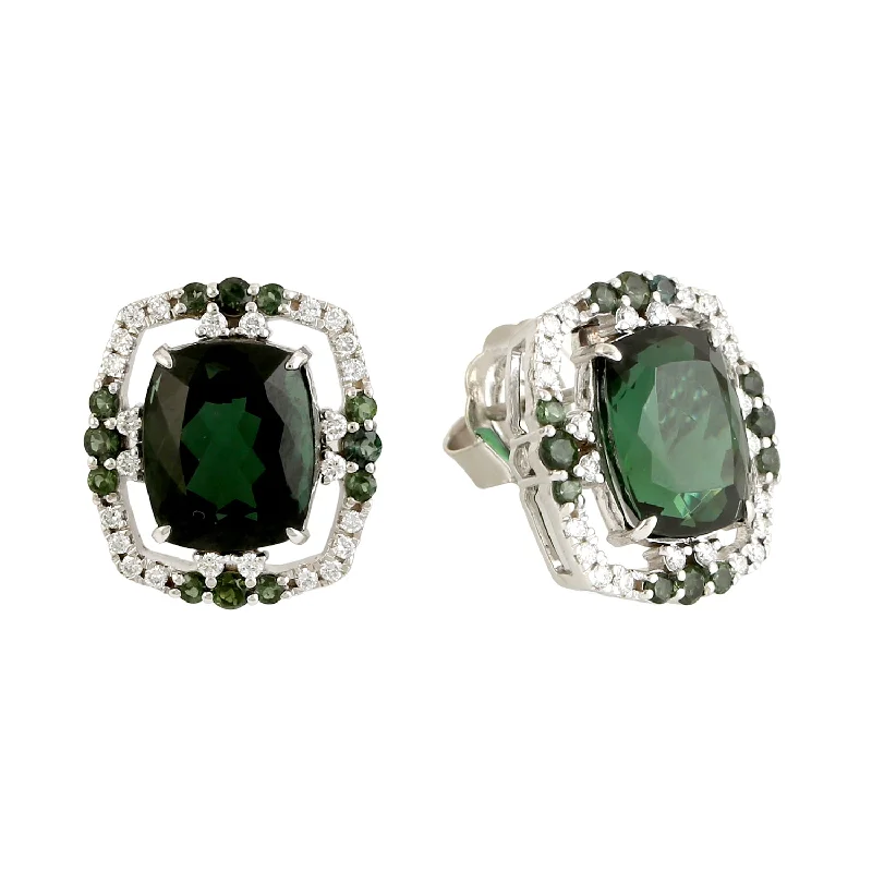 Punk Stud Earrings with Spikes -Green Tourmaline Pave Diamond Halo Stud Earrings In 18k White Gold